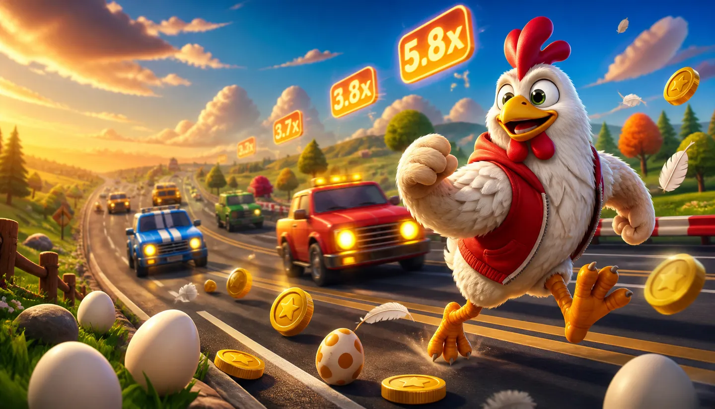 High-res HERO banner of Chicken Road game with 3D chicken crossing dynamic road with coins and traffic.